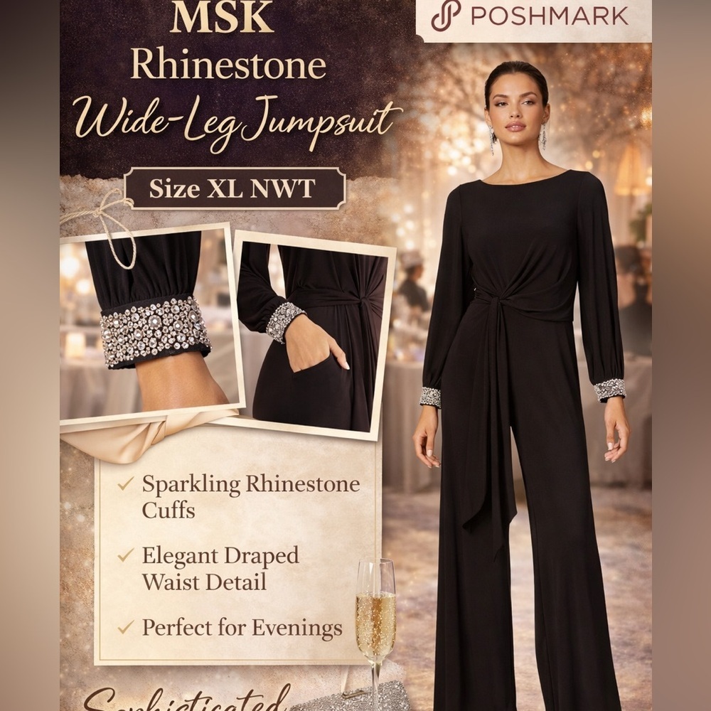 MSK Black Rhinestone Sleeves Wide Leg Jumpsuit Size XL NWT Formal